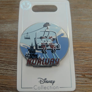 Mickey and Minnie on Ski Lift Norway Pin New on Card