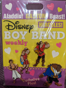 Boy Band Four Pin Booster with Aladdin, Hercules, Gaston, and Beast